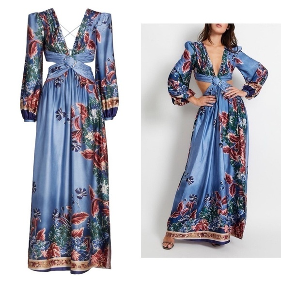 PatBO Gilly Print Cut-Out Maxi Dress Floral Satin Blue Pink Size 8 NWT - Picture 1 of 13